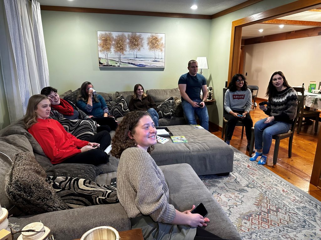 2023 Winter Betthauser Lab Celebration - Game Night Edition! Left to Right: Jordan Teague, Margo Sanderfoot, Margo Heston, Maddy Barger, Tobey Betthauser, Ruvini Navaratna, Elena Ruiz De Chavez.