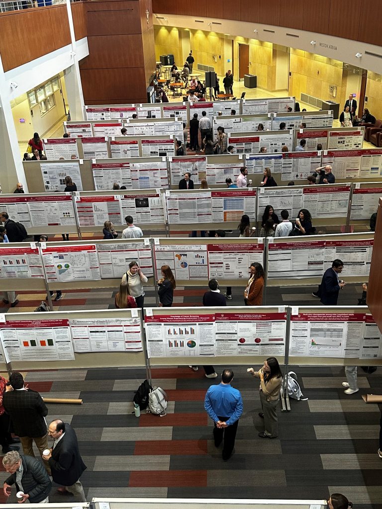 Aerial view of research posters at DOM Research Day.