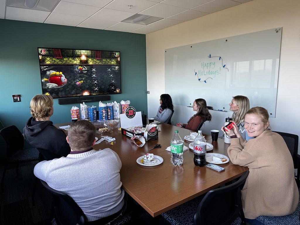 2024 Winter Betthauser Lab Celebration - Mario Party Edition! Left to Right: Tobey Betthauser, Jacob Morse, Ruvini Navaratna, Leah Staruck, Simone Nowinski, and Hailey Bruzzone.